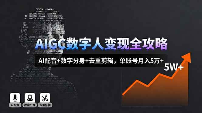 （16143期）AIGC数字人变现全攻略，AI配音+数字分身+去重剪辑，单账号月入5万+