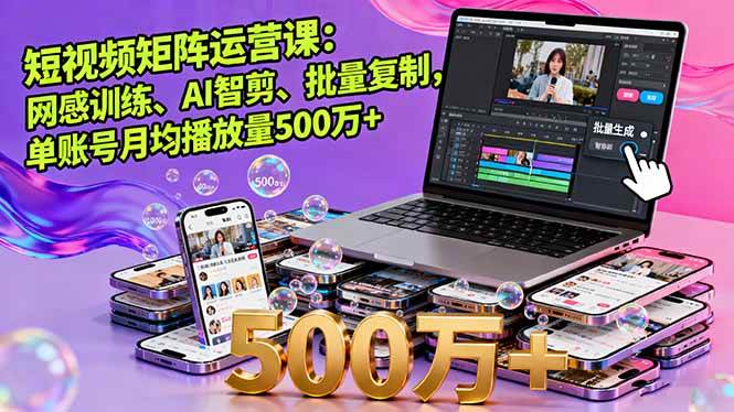 （16168期）短视频矩阵运营课：网感训练、AI智剪、批量复制，单账号月均播放量500万+