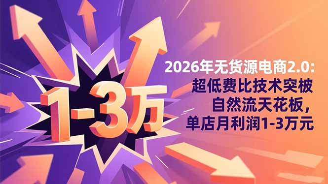 （16504期）2026年无货源电商2.0：超低费比技术突破自然流天花板，单店月利润1-3万元
