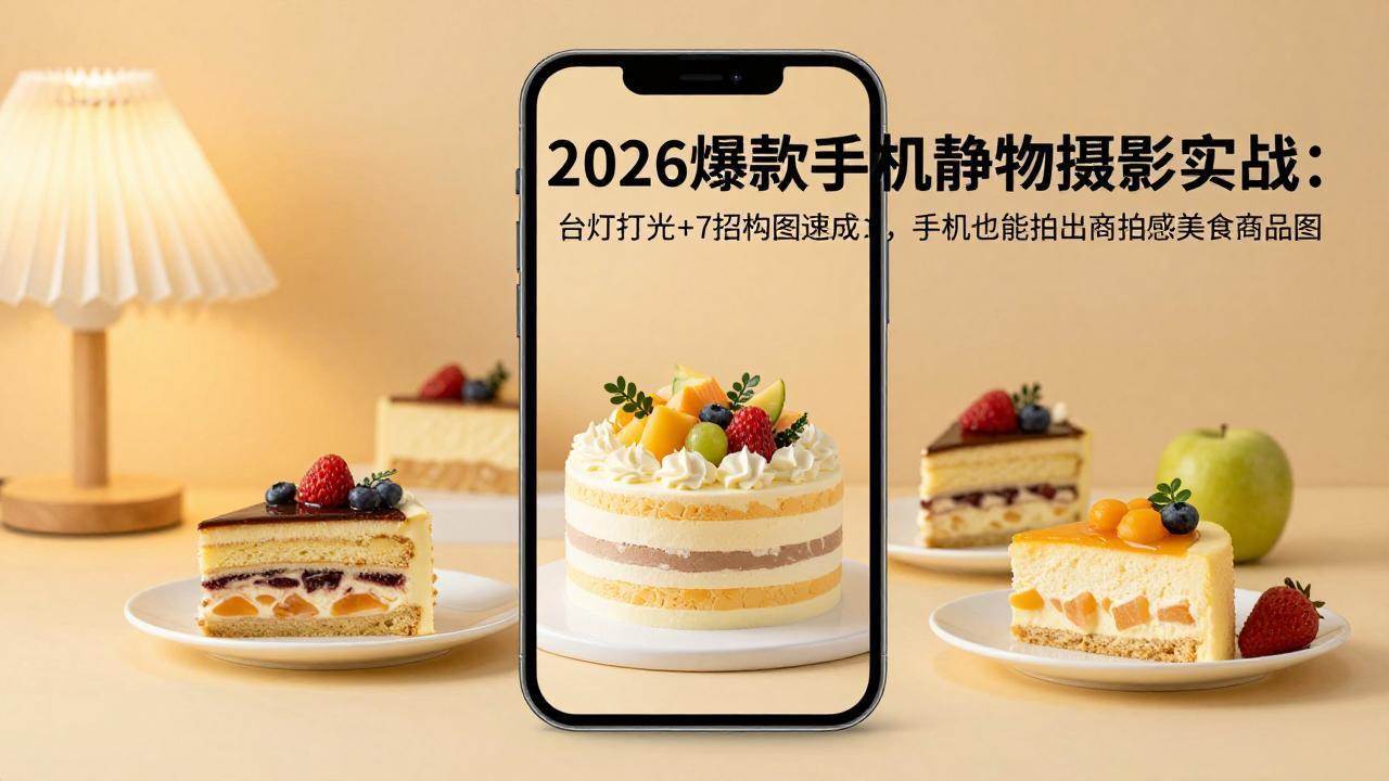 （17960期）2026爆款手机静物摄影实战：台灯打光+7招构图速成，手机也能拍出商拍感美食商品图