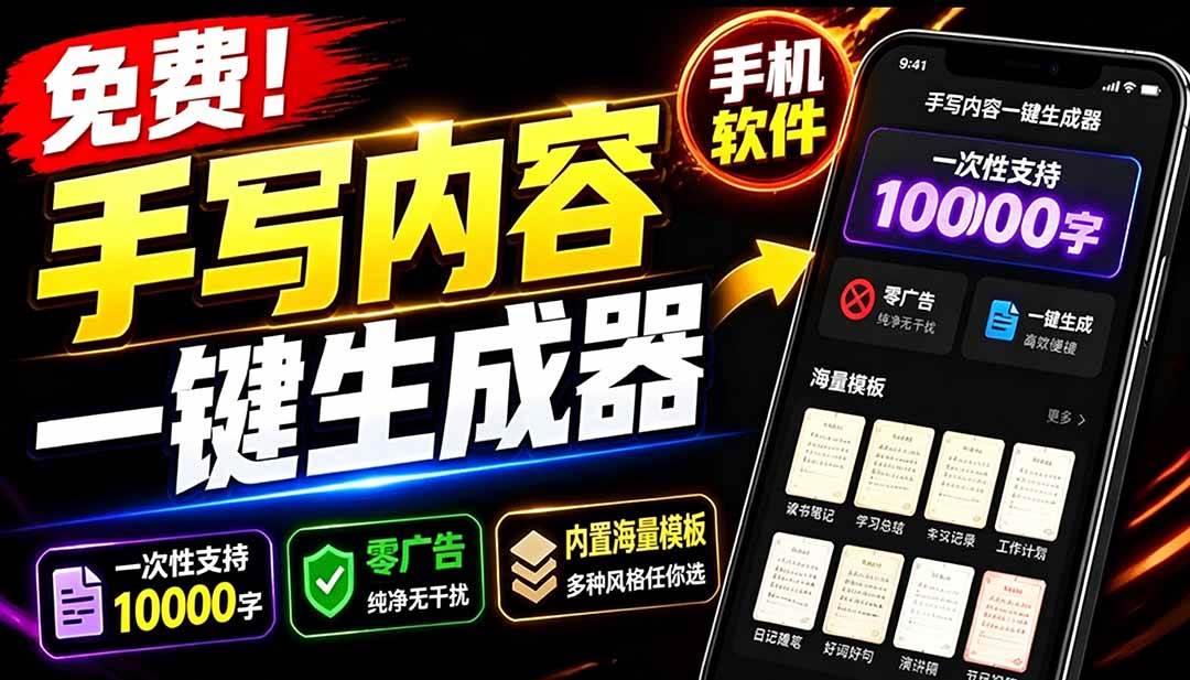 （18667期）超逼真手写字体一键生成器，纯免费离线运行，一次性支持10000字，零广告，内置海量模板