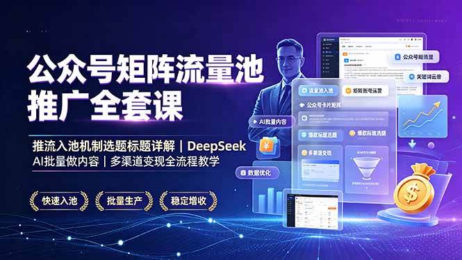 公众号矩阵流量池推广全套课,推流入池机制选题标题详解,DeepSeek AI批量做内容,多渠道变现全流程教学