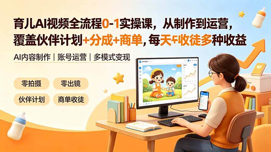 育儿AI视频全流程0-1实操课，从制作到运营，覆盖伙伴计划+分成+商单+收徒多种收益，每天500+收益