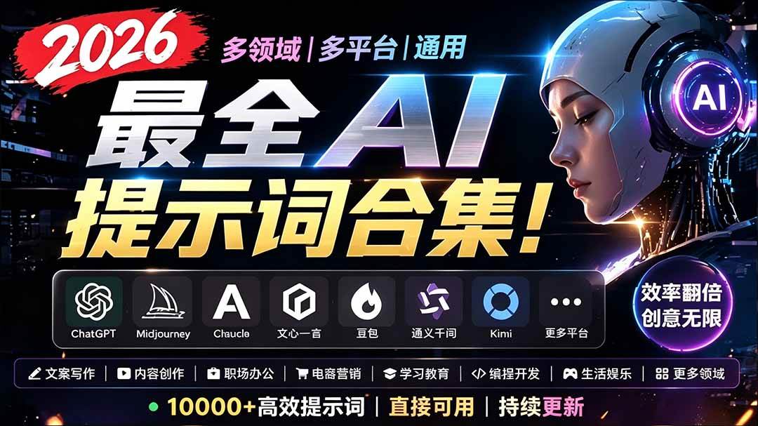 2026最全AI提示词合集！多领域多平台通用，涵盖AI绘画、电商主图、爆款文案，脚本创作等
