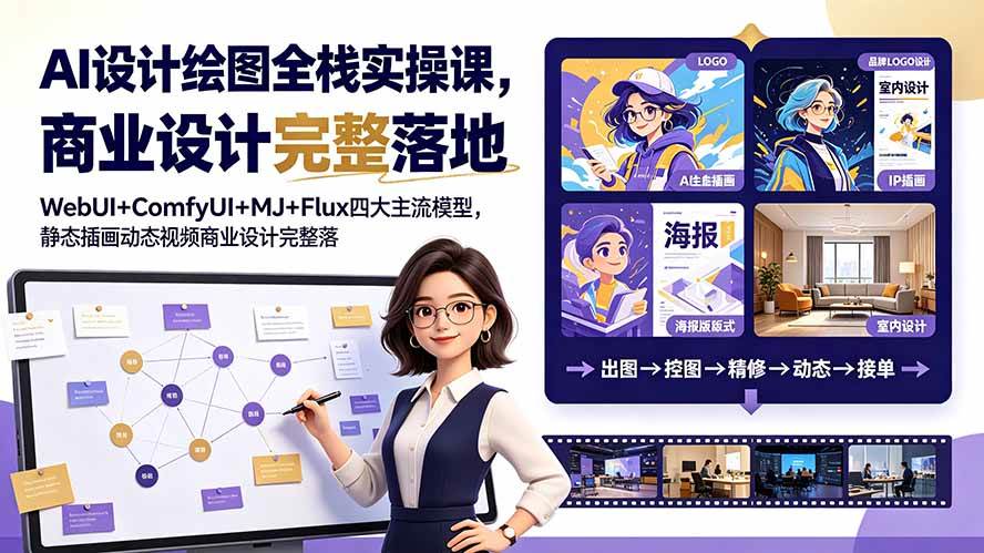 AI设计绘图全栈实操课，WebUI+ComfyUI+MJ+Flux四大主流模型，静态插画动态视频商业设计完整落地教程