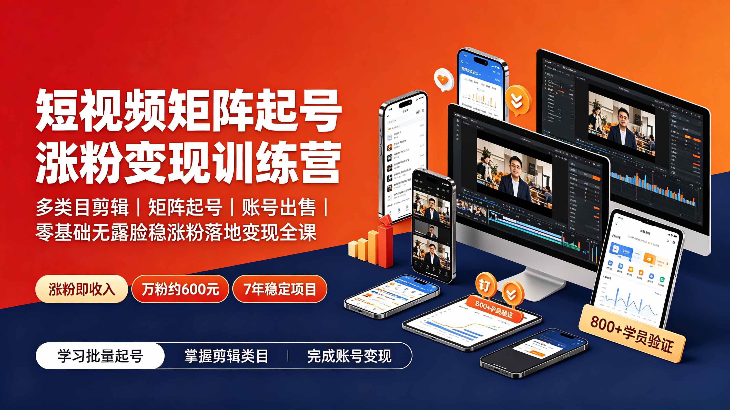 短视频矩阵起号涨粉变现训练营｜多类目剪辑·矩阵起号·账号出售，零基础无露脸稳涨粉落地变现全课