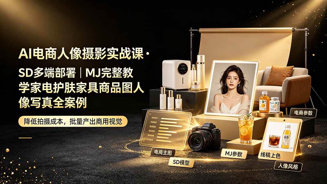 AI电商人像摄影实战课·SD多端部署｜MJ完整教学｜家电护肤家具商品图人像写真全案例