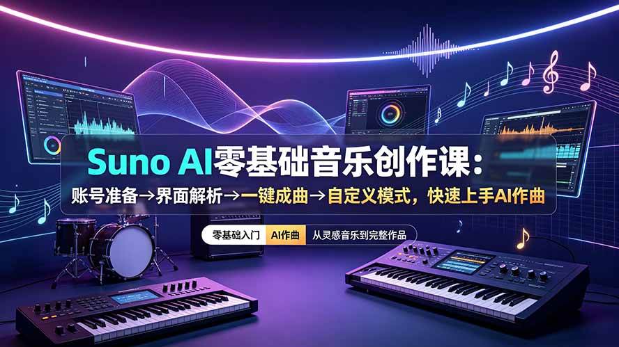 Suno AI零基础音乐创作课：账号准备→界面解析→一键成曲→自定义模式，快速上手AI作曲