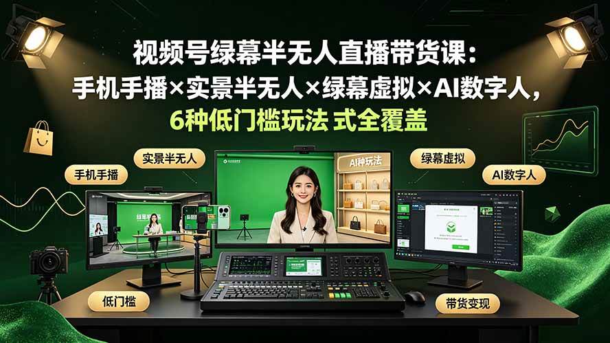 视频号绿幕半无人直播带货课：手机手播×实景半无人×绿幕虚拟×AI数字人，6种低门槛玩法全覆盖