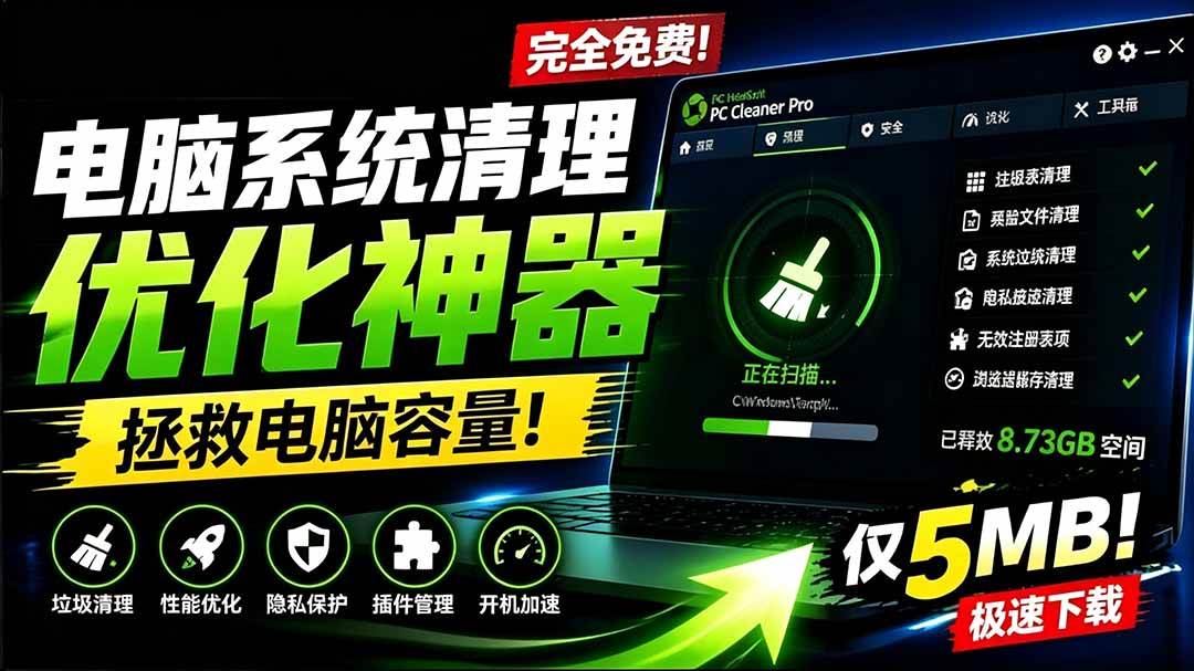 轻松吊打Win系统自带工具！电脑清理优化神器，拯救电脑容量，仅5MB，完全免费使用 PC Cleaner Pro
