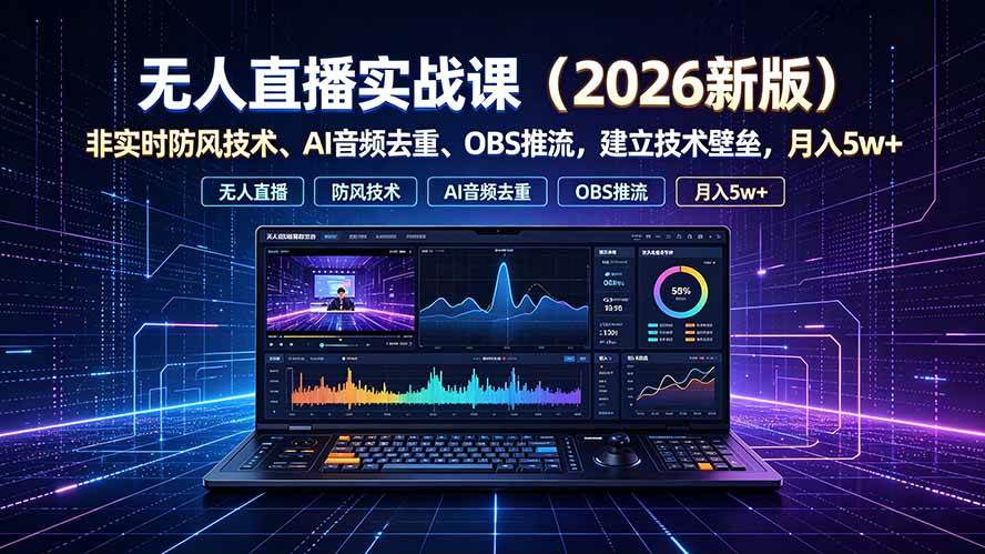 无人直播实战课（更新7月），非实时防风技术、AI音频去重、OBS推流，建立技术壁垒，月入5w+