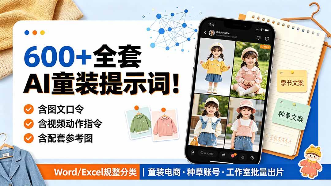 600+全套AI童装提示词！含图文口令+视频动作指令+配套参考图，Word/Excel规整分类，童装电商、种草无脑量产内容