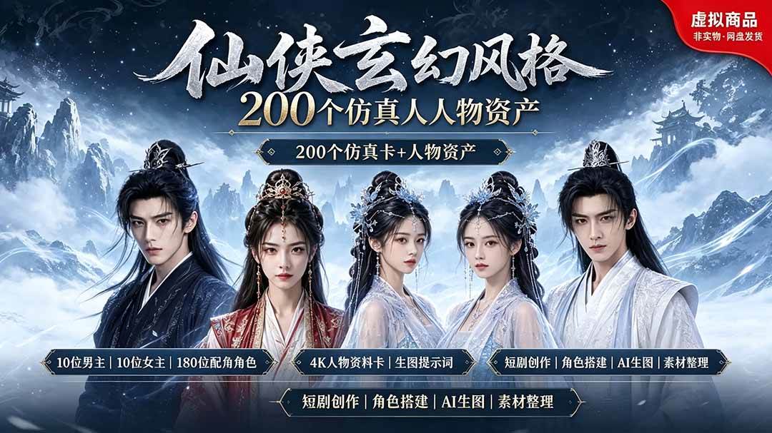200个仙侠玄幻仿真人素材◆10男主×10女主×180配角，4K资料卡+AI生图提示词，漫剧必备
