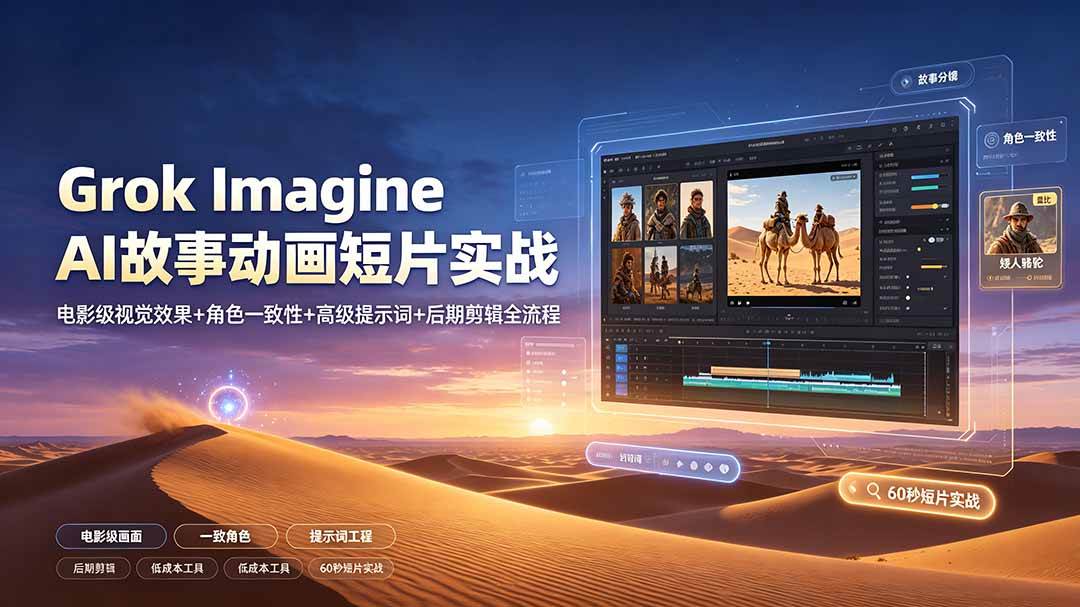 Grok Imagine AI故事动画短片实战：电影级视觉效果+角色一致性+高级提示词+后期剪辑全流程