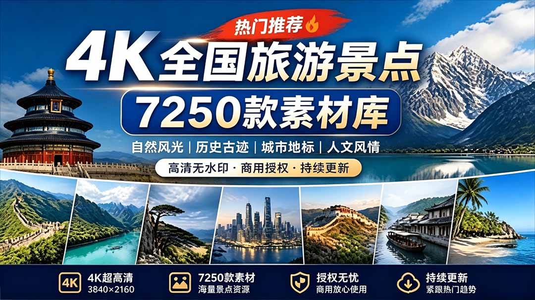 热门全国旅游风景素材！4K全国旅游景点素材库，7250款素材，旅行达人城市航拍风景风光高清短视频