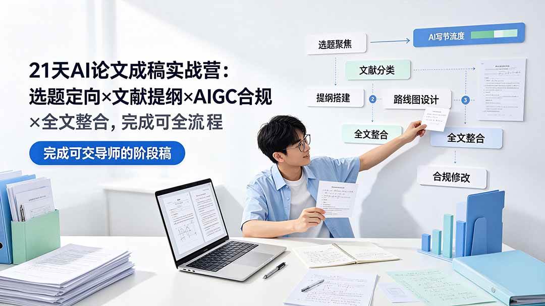 21天AI论文成稿实战营：选题定向×文献提纲×AIGC合规×全文整合，完成可交导师的阶段稿