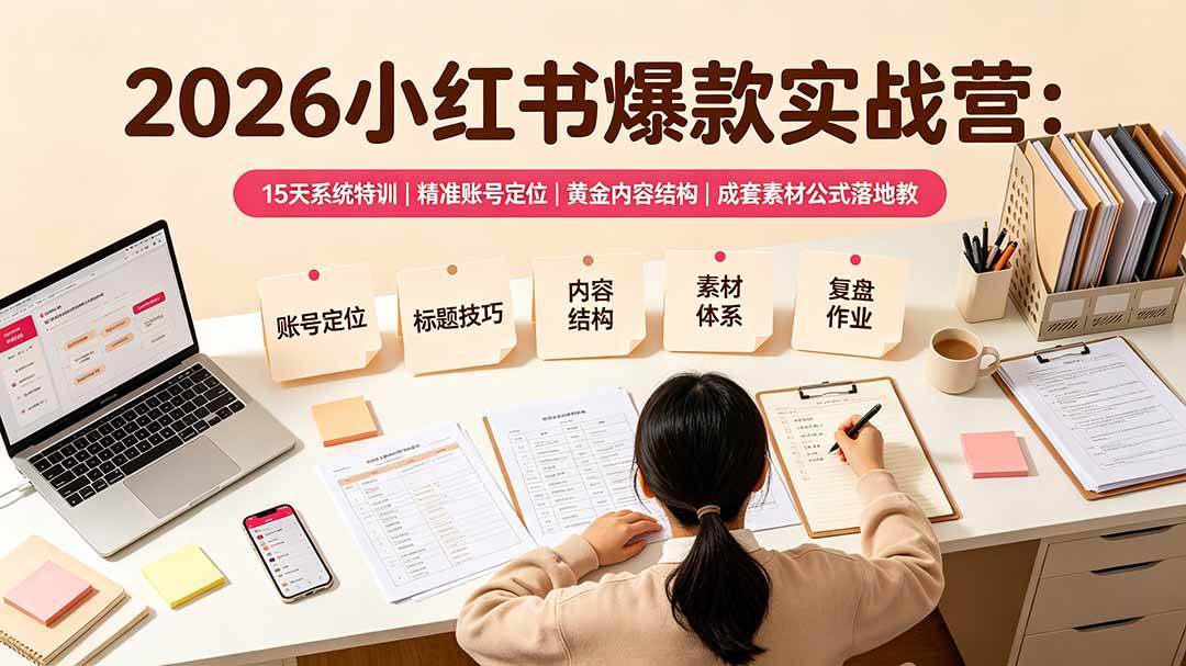 2026小红书爆款实战营：15天系统特训｜精准账号定位｜黄金内容结构｜成套素材公式落地教程