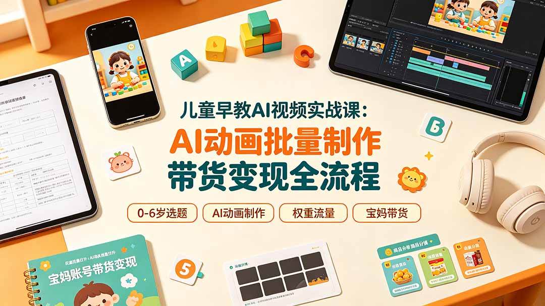 儿童早教AI视频实战课：0-6岁认知选题｜AI动画批量制作｜权重流量拉升｜宝妈账号带货变现全流程
