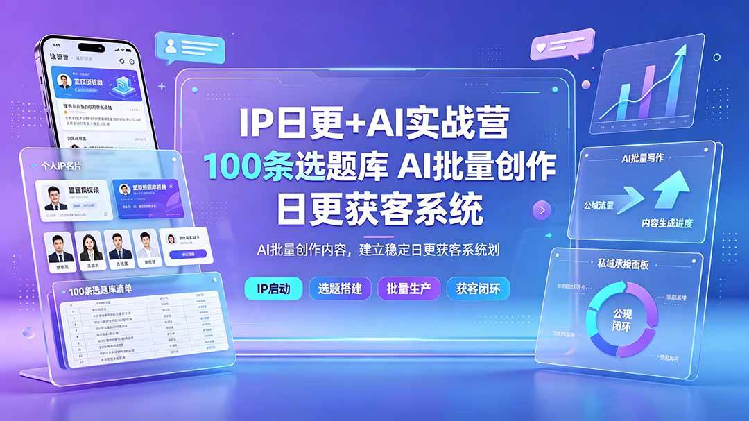 IP日更+AI实战营：IP置顶视频制作×100条选题库搭建×10条日更规划，AI批量创作内容，建立稳定日更获客系统