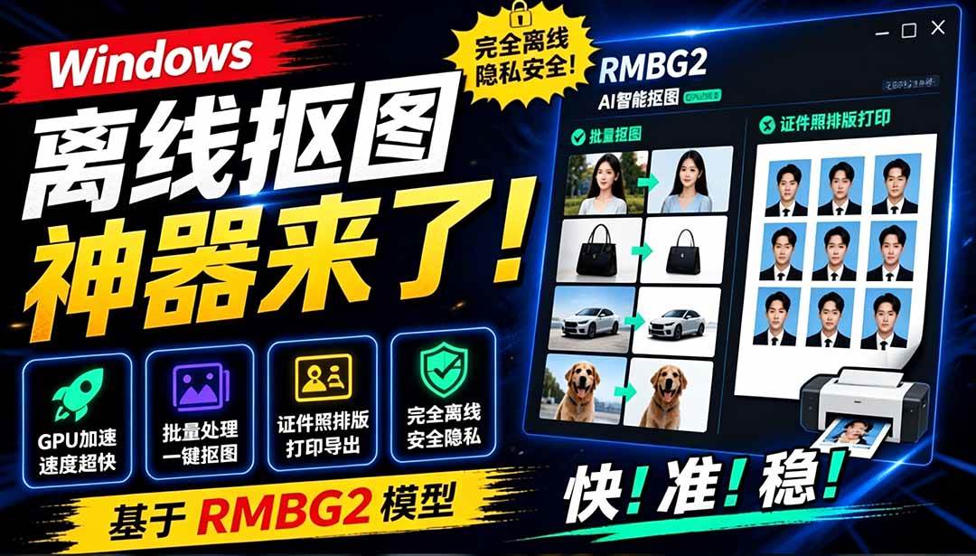 Windows离线抠图神器来了！支持批量抠图 + 证件照排版打印，基于RMBG2模型，GPU加速 方块AI抠图