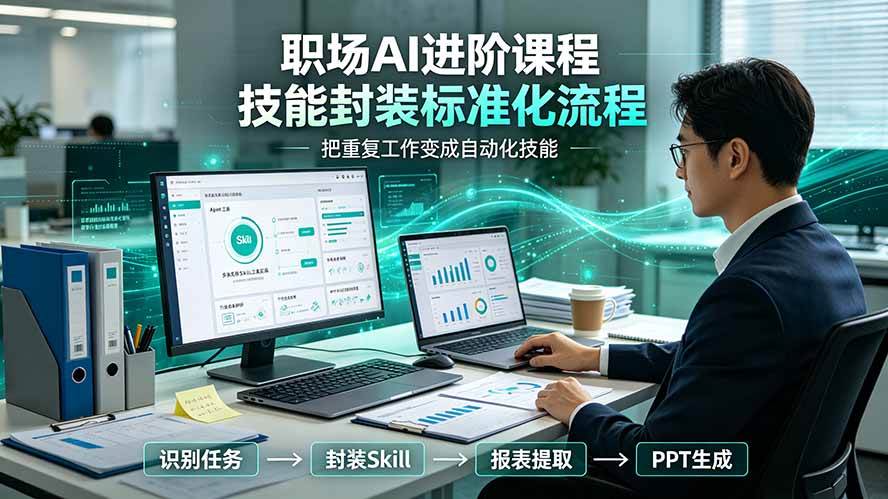 职场AI进阶课程;多类实用Skill工具实操,专属技能封装标准化流程,报表行业报告一键提取核心内容