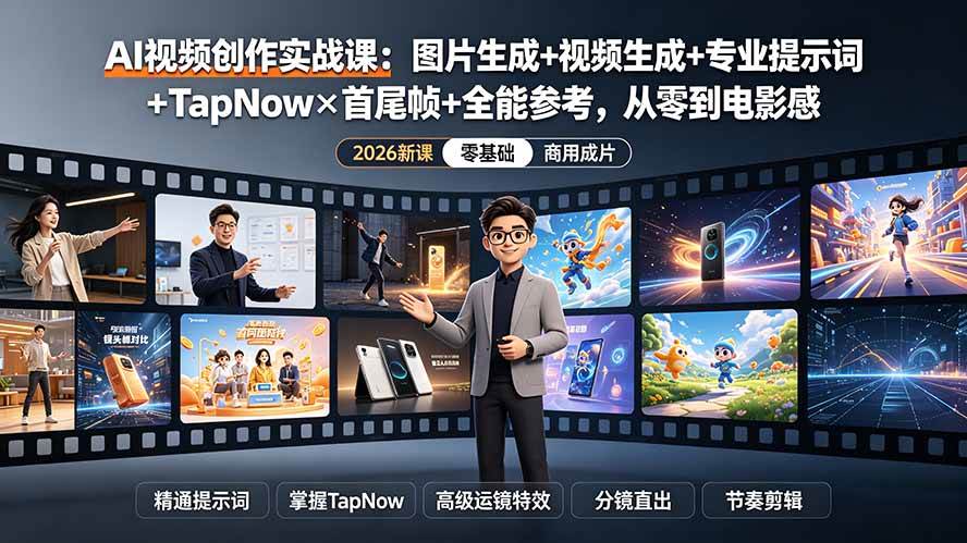 AI视频创作实战课：图片生成+视频生成+专业提示词+TapNow×首尾帧+全能参考，从零到电影感成片