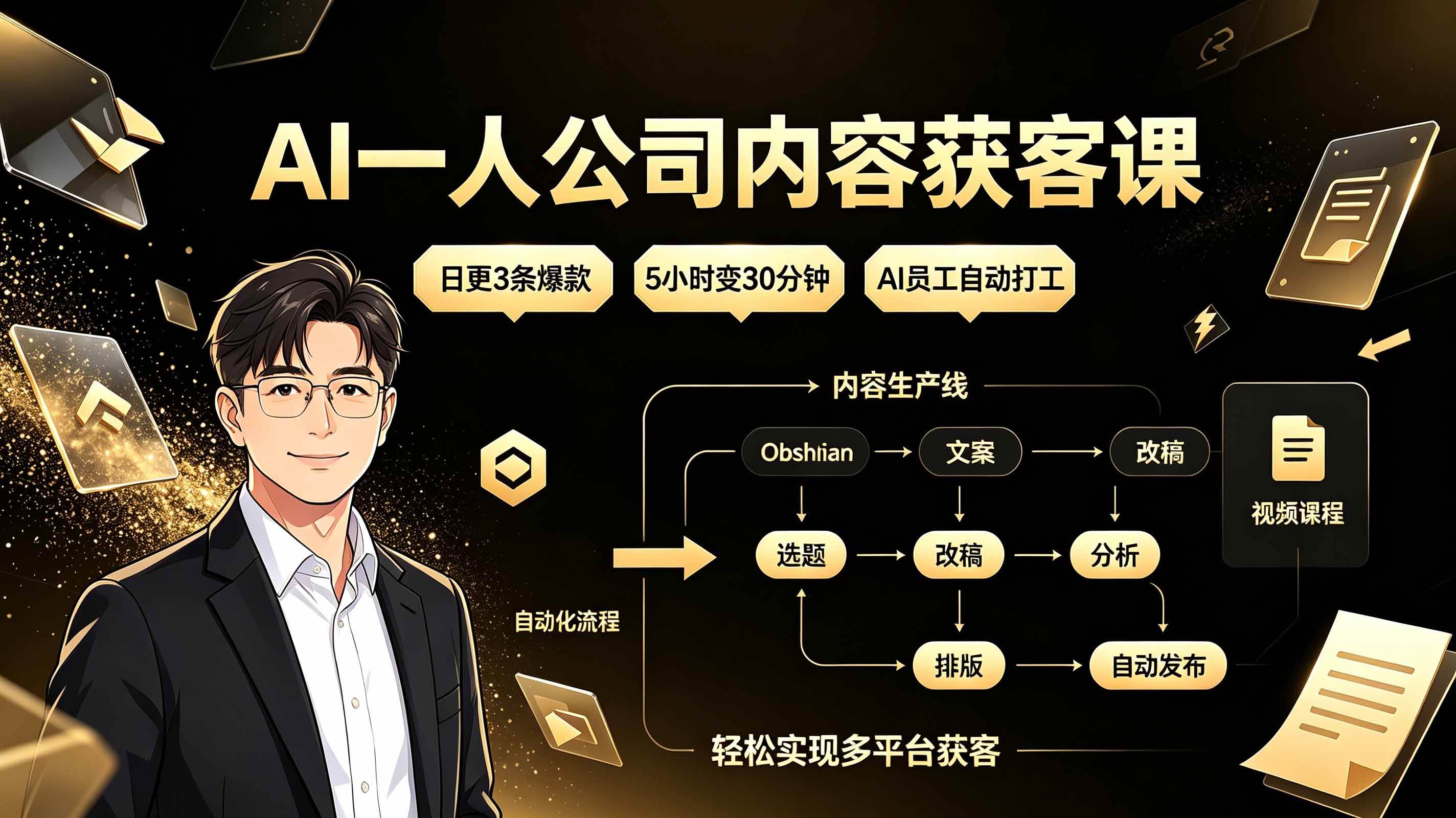 AI一人公司内容获客课：日更3条爆款×5小时变30分钟×AI员工自动打工，轻松实现多平台获客