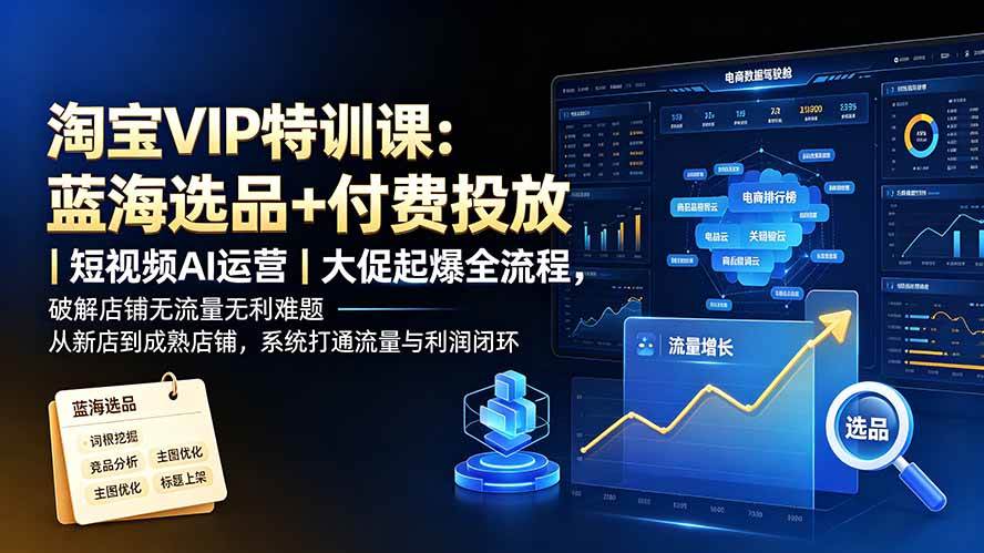 淘宝VIP特训课：蓝海选品+付费投放｜短视频AI运营｜大促起爆全流程，破解店铺无流量无利润难题