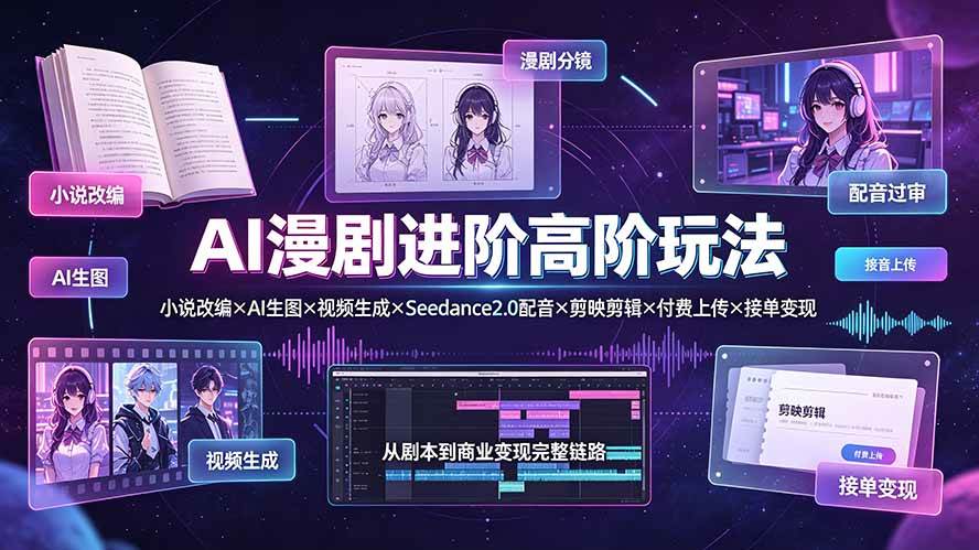 AI漫剧进阶高阶玩法:小说改编×AI生图×视频生成×Seedance2.0配音×剪映剪辑×付费上传×接单变现