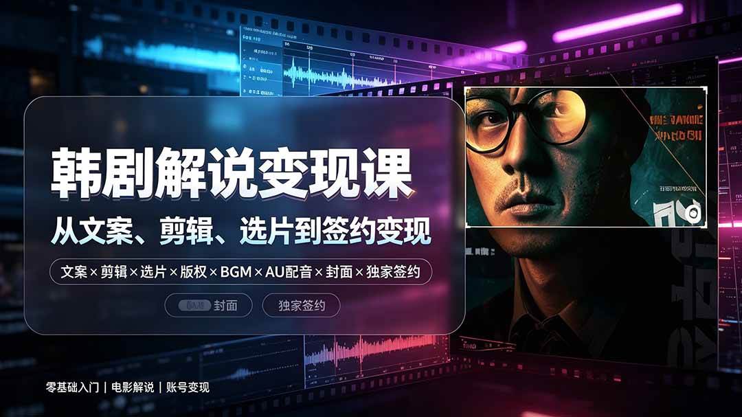 抖音270W粉丝博主亲授韩剧解说课：文案×剪辑×选片×版权×BGM×AU配音×封面×独家签约，零基础到变现