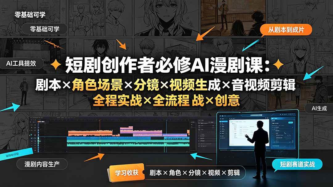 短剧创作者必修AI漫剧课:剧本×角色场景×分镜×视频生成×音视频剪辑×全流程实战×创意短片拆解