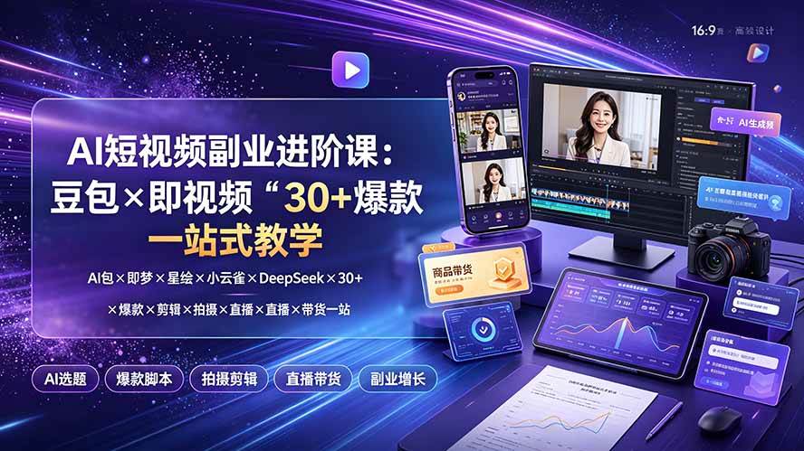 AI短视频副业进阶课：豆包×即梦×星绘×小云雀×DeepSeek×30+爆款×剪辑×拍摄×直播×带货一站式教学