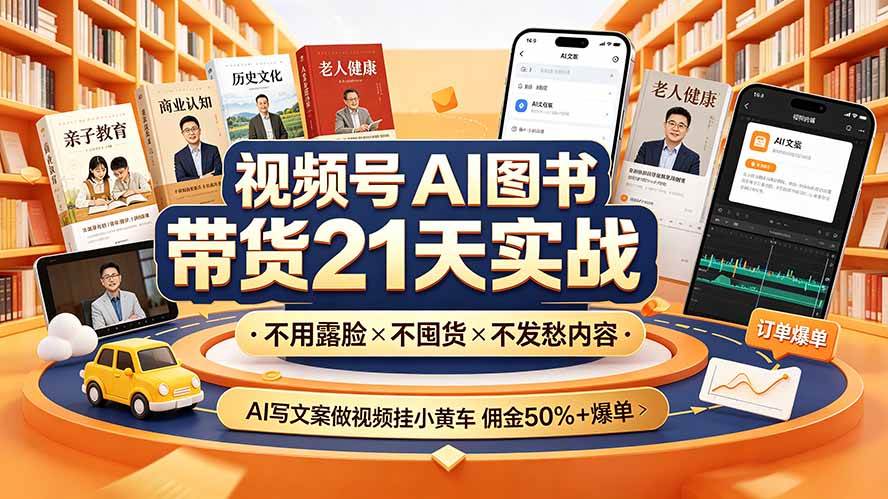 视频号AI图书带货21天实战：不用露脸×不囤货×不发愁内容，AI写文案做视频挂小黄车，佣金50%+爆单