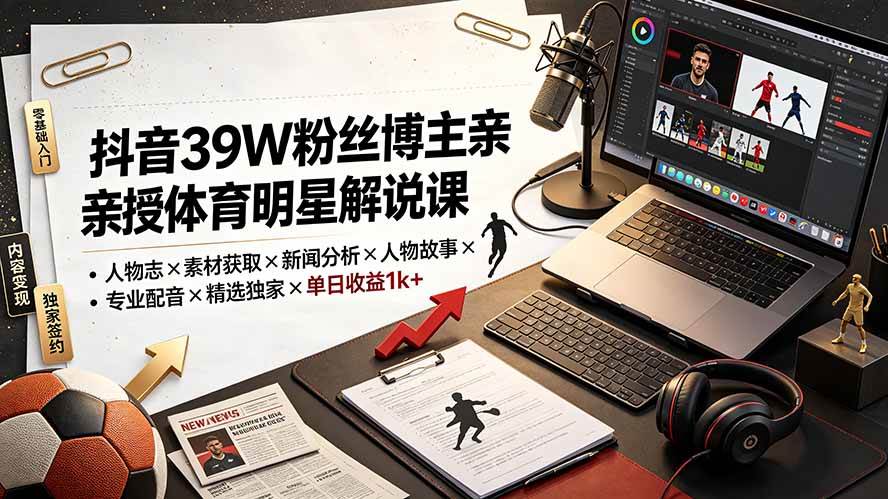 抖音39W粉丝博主亲授体育明星解说课：人物志×素材获取×新闻分析×人物故事×专业配音×精选独家×单日收益1k+