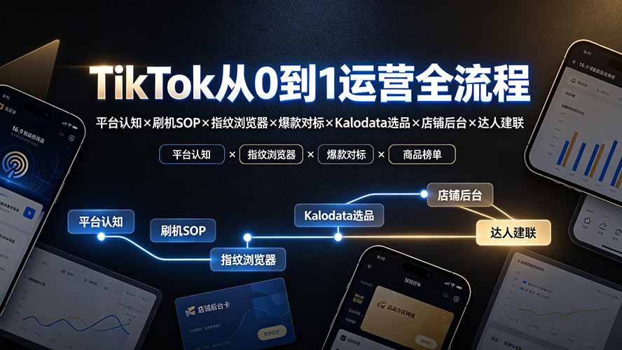 TikTok从0到1运营全流程：平台认知×刷机SOP×指纹浏览器×爆款对标×Kalodata选品×店铺后台×达人建联