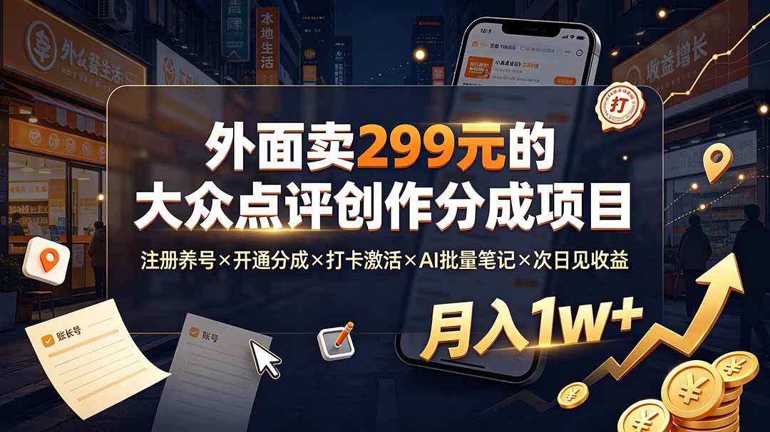 外面卖299元的大众点评创作分成项目：注册养号×开通分成×打卡激活×AI批量笔记×次日见收益，月入1w+