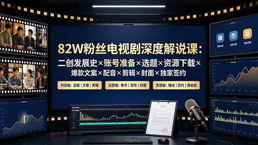 82W粉丝电视剧深度解说课：二创发展史×账号准备×选题×资源下载×爆款文案×配音×剪辑×封面×独家签约