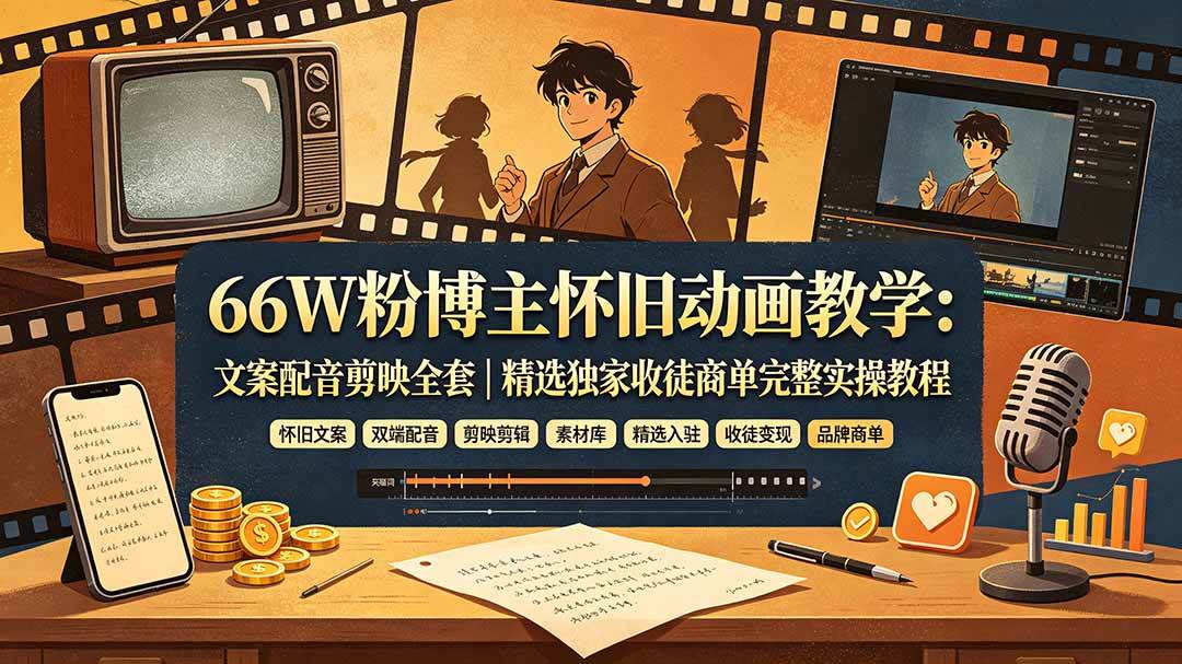 66W粉博主怀旧动画教学：文案配音剪映全套｜精选独家收徒商单完整实操教程