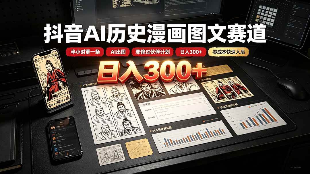 抖音AI历史漫画图文赛道：半小时更一条×AI出图×邪修过伙伴计划×日入300+，零成本快速入局