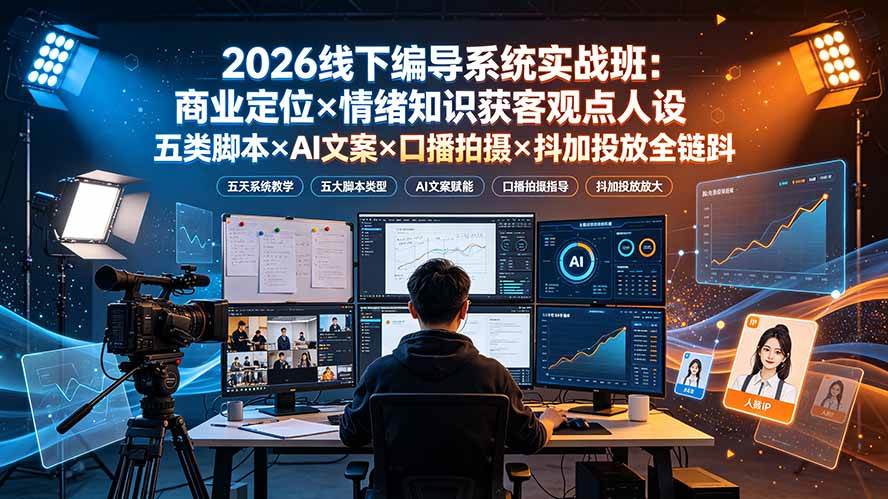 2026线下编导系统实战班:商业定位×情绪知识获客观点人设五类脚本×AI文案×口播拍摄×抖加投放全链路