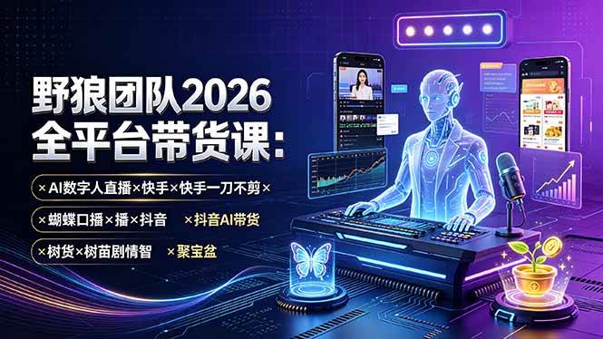 野狼团队2026全平台带货课-7月：AI数字人直播×快手一刀不剪×蝴蝶口播×抖音AI带货×树苗剧情智剪×聚宝盆