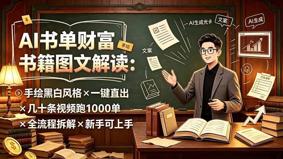 AI书单财富书籍图文解读:手绘黑白风格×一键直出×几十条视频跑1000单×全流程拆解×新手可上手