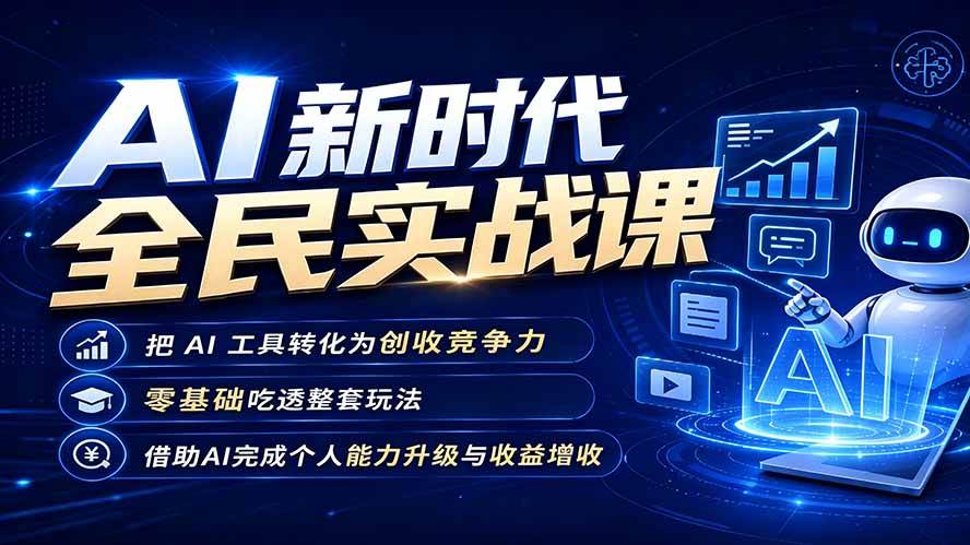 AI新时代全民实战课,把 AI 工具转化为创收竞争力,零基础吃透整套玩法,借助AI完成个人能力升级与收益增收。