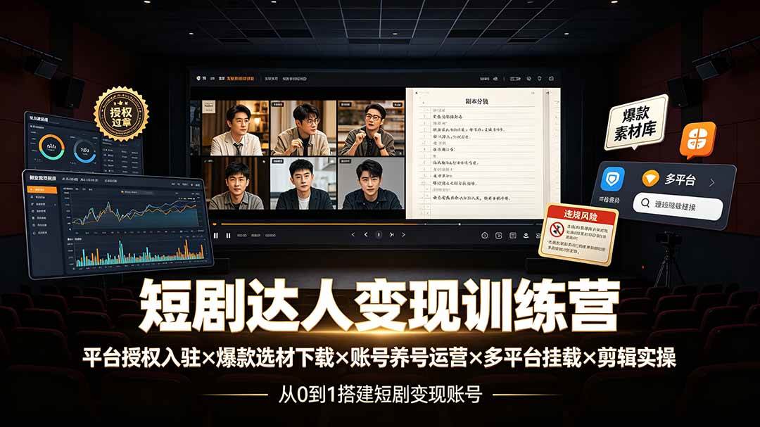 短剧达人变现训练营：平台授权入驻×爆款选材下载×账号养号运营×多平台挂载×剪辑实操×违规处理全流程