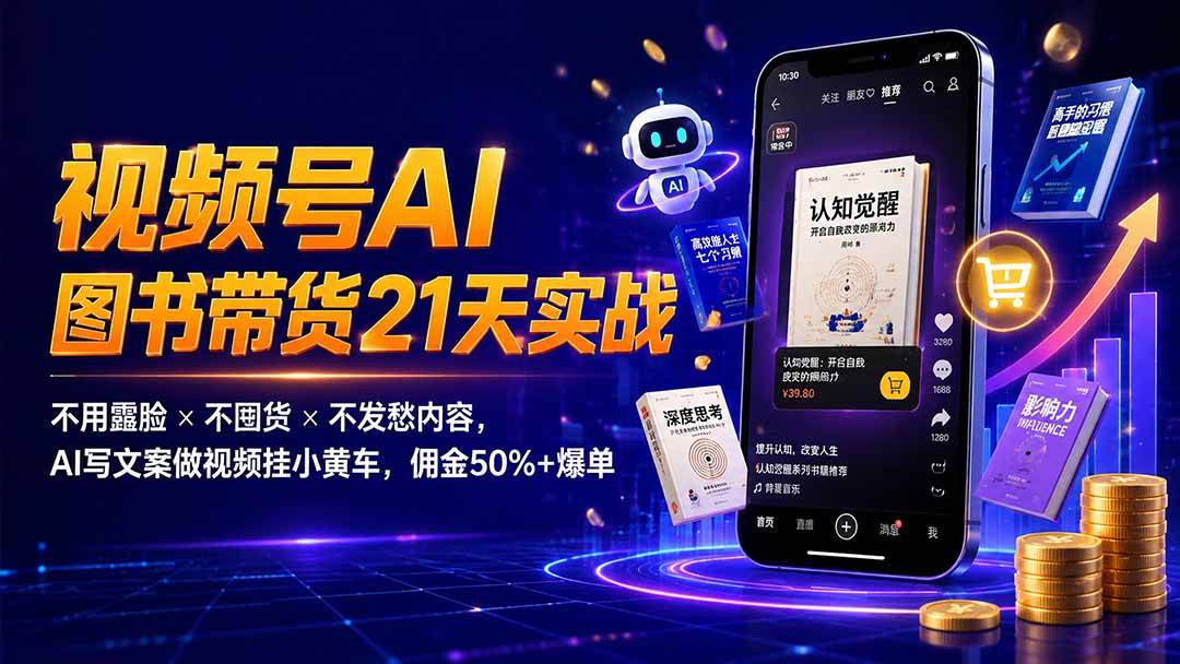 繁花视频号AI图书带货21天实战:不用露脸×不囤货×不发愁内容,AI写文案做视频挂小黄车,佣金50%+爆单