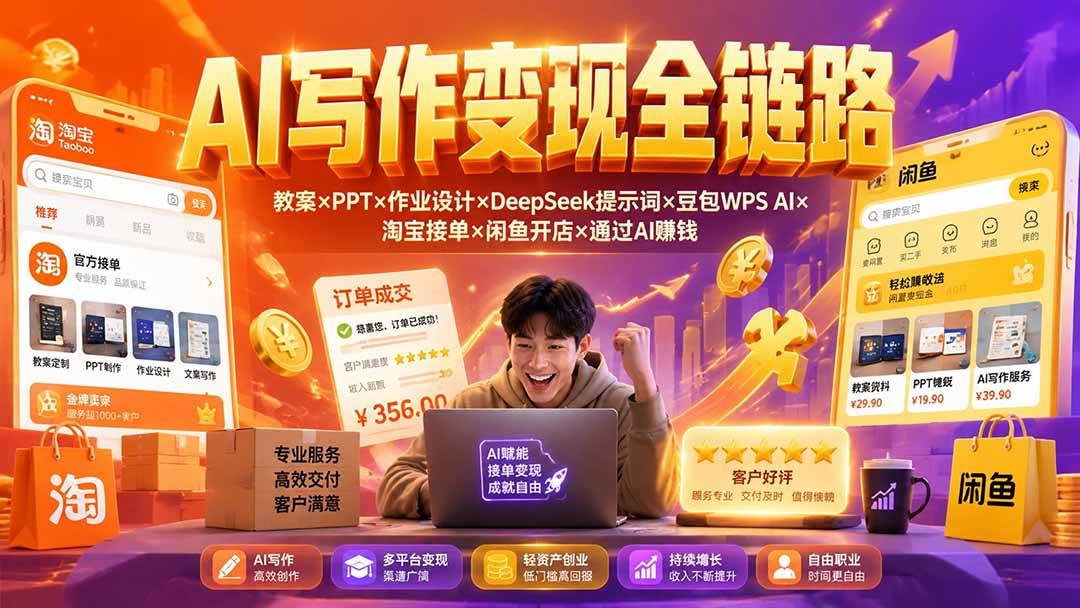 2026AI写作变现全链路：教案×PPT×作业设计×DeepSeek提示词×豆包WPS AI×淘宝接单×闲鱼开店×通过AI賺钱