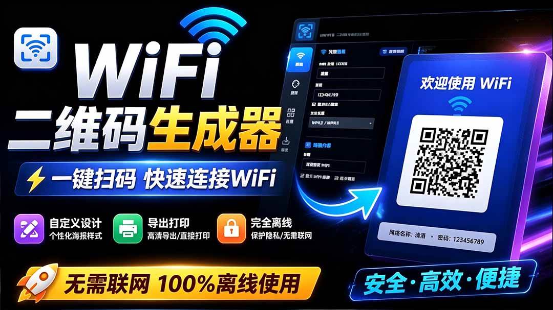 完全离线使用!WiFi二维码生成器,一键扫码快速连接WiFi,支持自定义风格导出 WiFi二维码生成器
