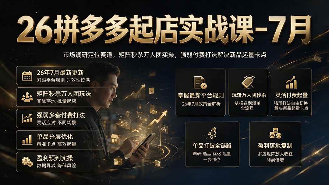26拼多多起店实战课-7月|市场调研定位赛道,矩阵秒杀万人团实操,强弱付费打法解决新品起量卡点