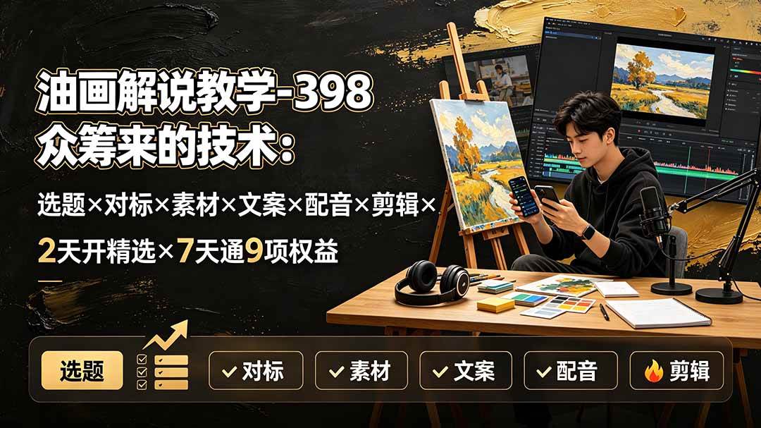 油画解说教学-398众筹来的技术-刯新：选题×对标×素材×文案×配音×剪辑×2天开精选×7天通9项权益