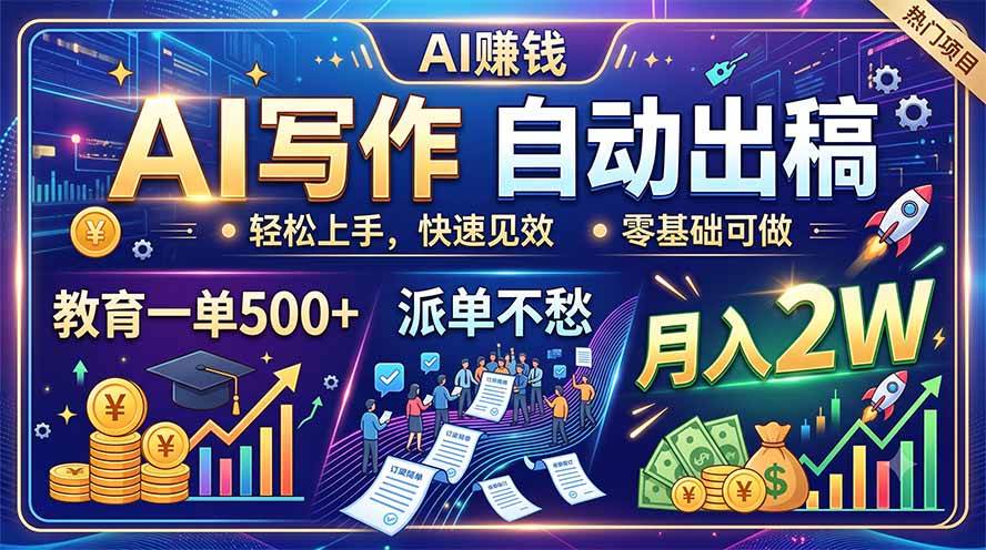 AI写作自动出稿，教育一单500+，派单不愁，月入2W